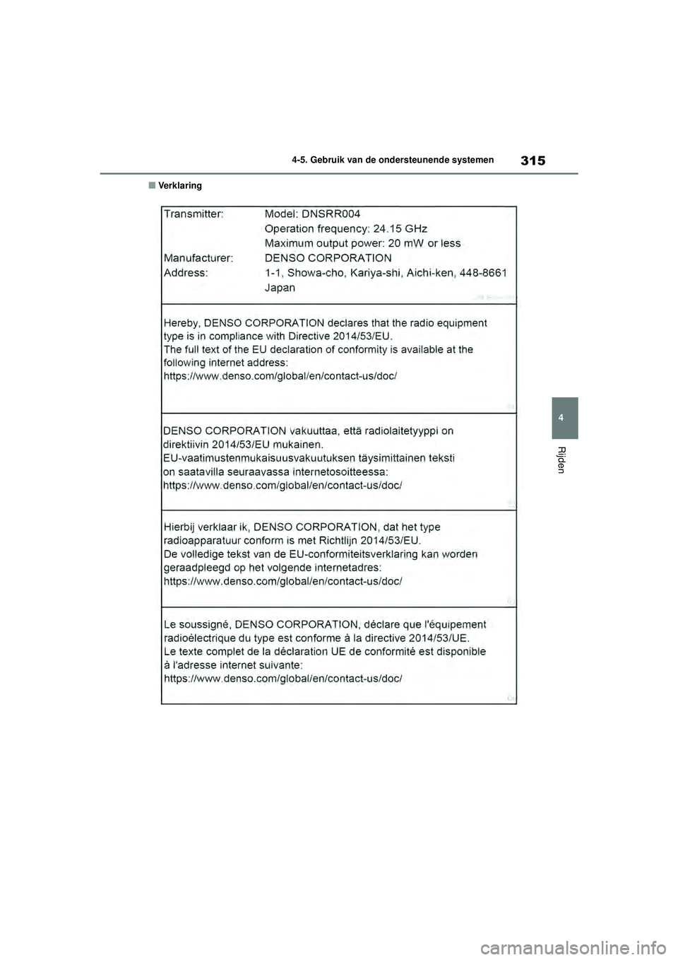 TOYOTA HIGHLANDER 2021 Instructieboekje (in Dutch) 315
4
4-5. Gebruik van de ondersteunende systemen
Rijden
■Verklaring
Highlander-Hybrid_OM_Europe_OM48M
30E_1_2110.book Page 315 Wednesday, August 4, 2021 2:39 PM TOYOTA HIGHLANDER 2021 Instructieboekje (in Dutch) 315
4
4-5. Gebruik van de ondersteunende systemen
Rijden
■Verklaring
Highlander-Hybrid_OM_Europe_OM48M
30E_1_2110.book Page 315 Wednesday, August 4, 2021 2:39 PM