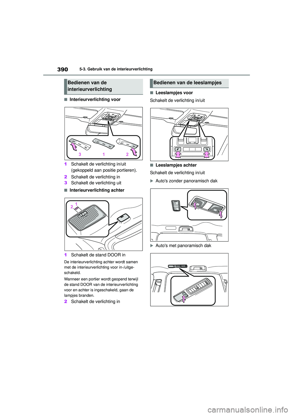 TOYOTA HIGHLANDER 2021 Instructieboekje (in Dutch) 3905-3. Gebruik van de interieurverlichting
■Interieurverlichting voor
1 Schakelt de verlichting in/uit
(gekoppeld aan positie portieren).
2 Schakelt de verlichting in
3 Schakelt de verlichting uit TOYOTA HIGHLANDER 2021 Instructieboekje (in Dutch) 3905-3. Gebruik van de interieurverlichting
■Interieurverlichting voor
1 Schakelt de verlichting in/uit
(gekoppeld aan positie portieren).
2 Schakelt de verlichting in
3 Schakelt de verlichting uit