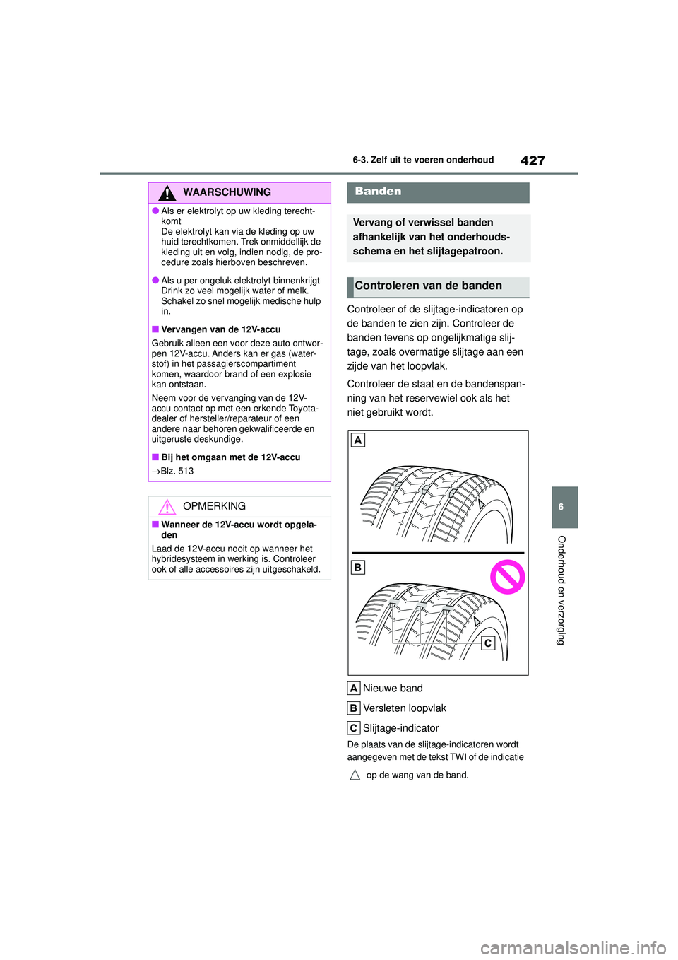 TOYOTA HIGHLANDER 2021 Instructieboekje (in Dutch) 427
6
6-3. Zelf uit te voeren onderhoud
Onderhoud en verzorging
Controleer of de slijtage-indicatoren op
de banden te zien zijn. Controleer de
banden tevens op ongelijkmatige slij-
tage, zoals overm TOYOTA HIGHLANDER 2021 Instructieboekje (in Dutch) 427
6
6-3. Zelf uit te voeren onderhoud
Onderhoud en verzorging
Controleer of de slijtage-indicatoren op
de banden te zien zijn. Controleer de
banden tevens op ongelijkmatige slij-
tage, zoals overm