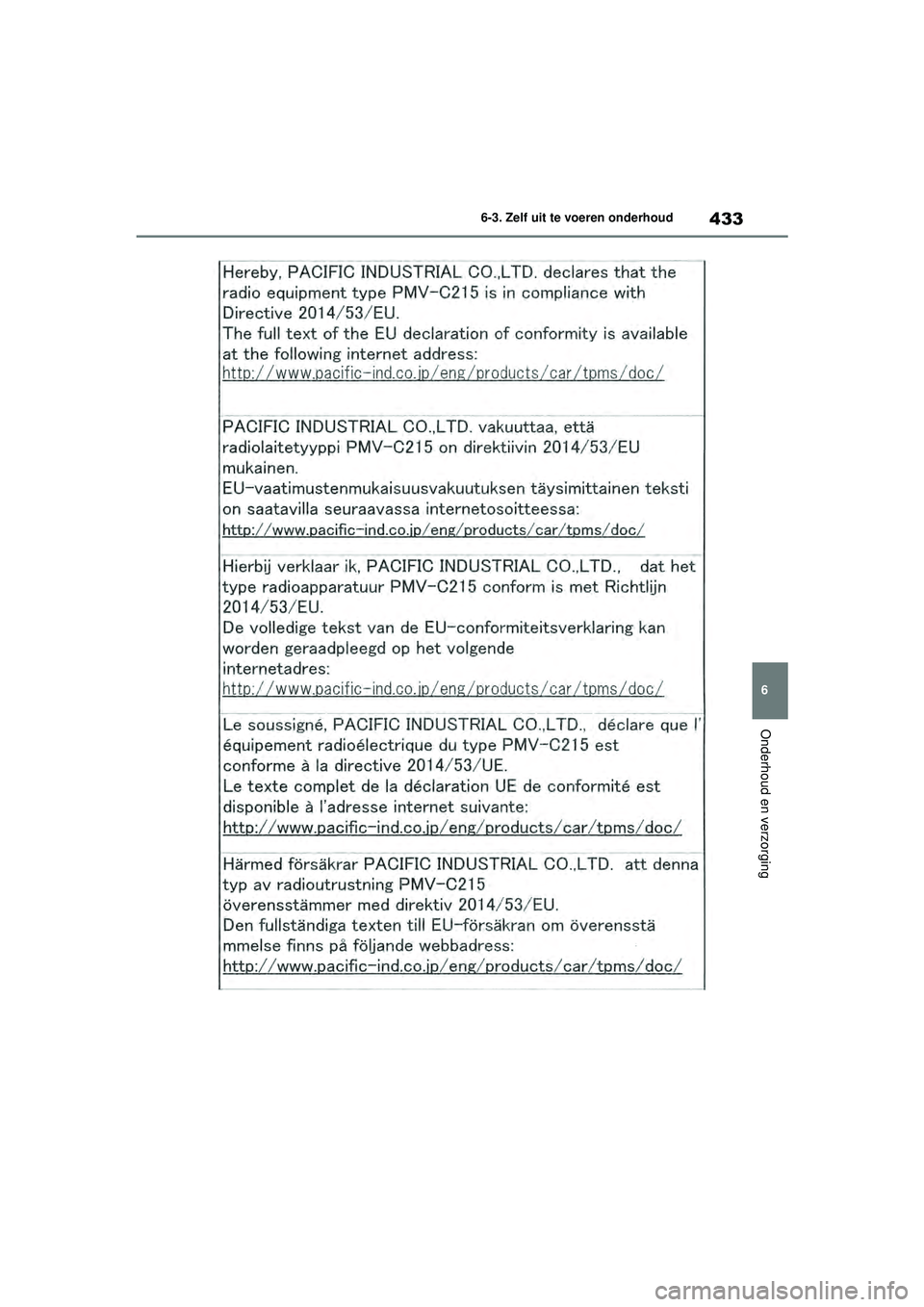 TOYOTA HIGHLANDER 2021  Instructieboekje (in Dutch) 433
6
6-3. Zelf uit te voeren onderhoud
Onderhoud en verzorging
Highlander-Hybrid_OM_Europe_OM48M
30E_1_2110.book  Page 433  Wednesday, August 4, 2021  2:39 PM 