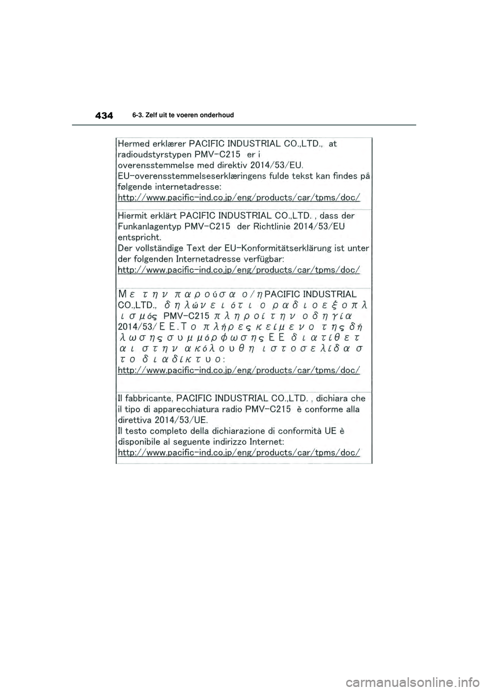 TOYOTA HIGHLANDER 2021  Instructieboekje (in Dutch) 4346-3. Zelf uit te voeren onderhoud
Highlander-Hybrid_OM_Europe_OM48M30E_1_2110.book  Page 434  Wednesday, August 4, 2021  2:39 PM 