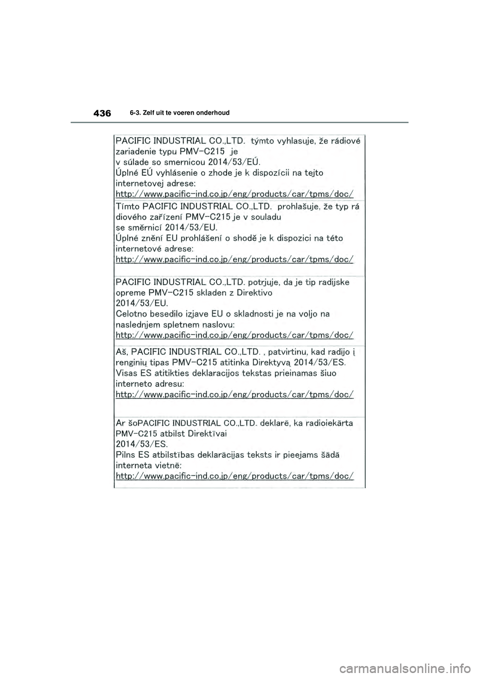 TOYOTA HIGHLANDER 2021  Instructieboekje (in Dutch) 4366-3. Zelf uit te voeren onderhoud
Highlander-Hybrid_OM_Europe_OM48M30E_1_2110.book  Page 436  Wednesday, August 4, 2021  2:39 PM 