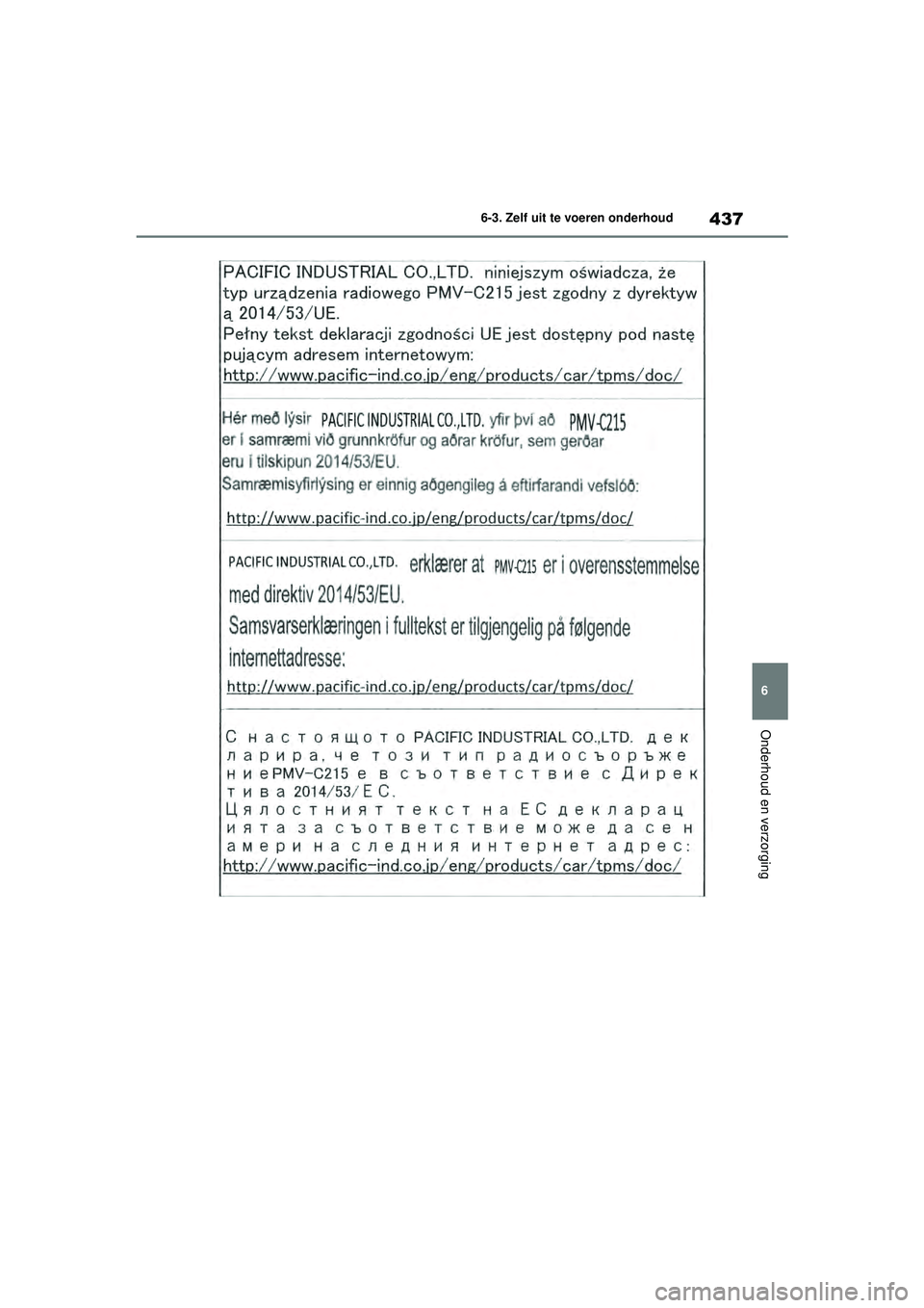 TOYOTA HIGHLANDER 2021  Instructieboekje (in Dutch) 437
6
6-3. Zelf uit te voeren onderhoud
Onderhoud en verzorging
Highlander-Hybrid_OM_Europe_OM48M
30E_1_2110.book  Page 437  Wednesday, August 4, 2021  2:39 PM 