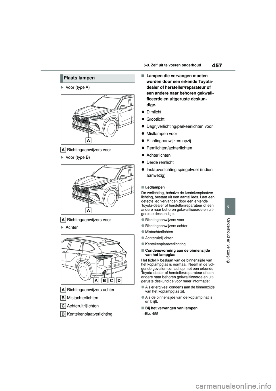 TOYOTA HIGHLANDER 2021 Instructieboekje (in Dutch) 457
6
6-3. Zelf uit te voeren onderhoud
Onderhoud en verzorging
Voor (type A)
Richtingaanwijzers voor
Voor (type B)Richtingaanwijzers voor
AchterRichtingaanwijzers achter
Mistachterlichten
Ac TOYOTA HIGHLANDER 2021 Instructieboekje (in Dutch) 457
6
6-3. Zelf uit te voeren onderhoud
Onderhoud en verzorging
Voor (type A)
Richtingaanwijzers voor
Voor (type B)Richtingaanwijzers voor
AchterRichtingaanwijzers achter
Mistachterlichten
Ac