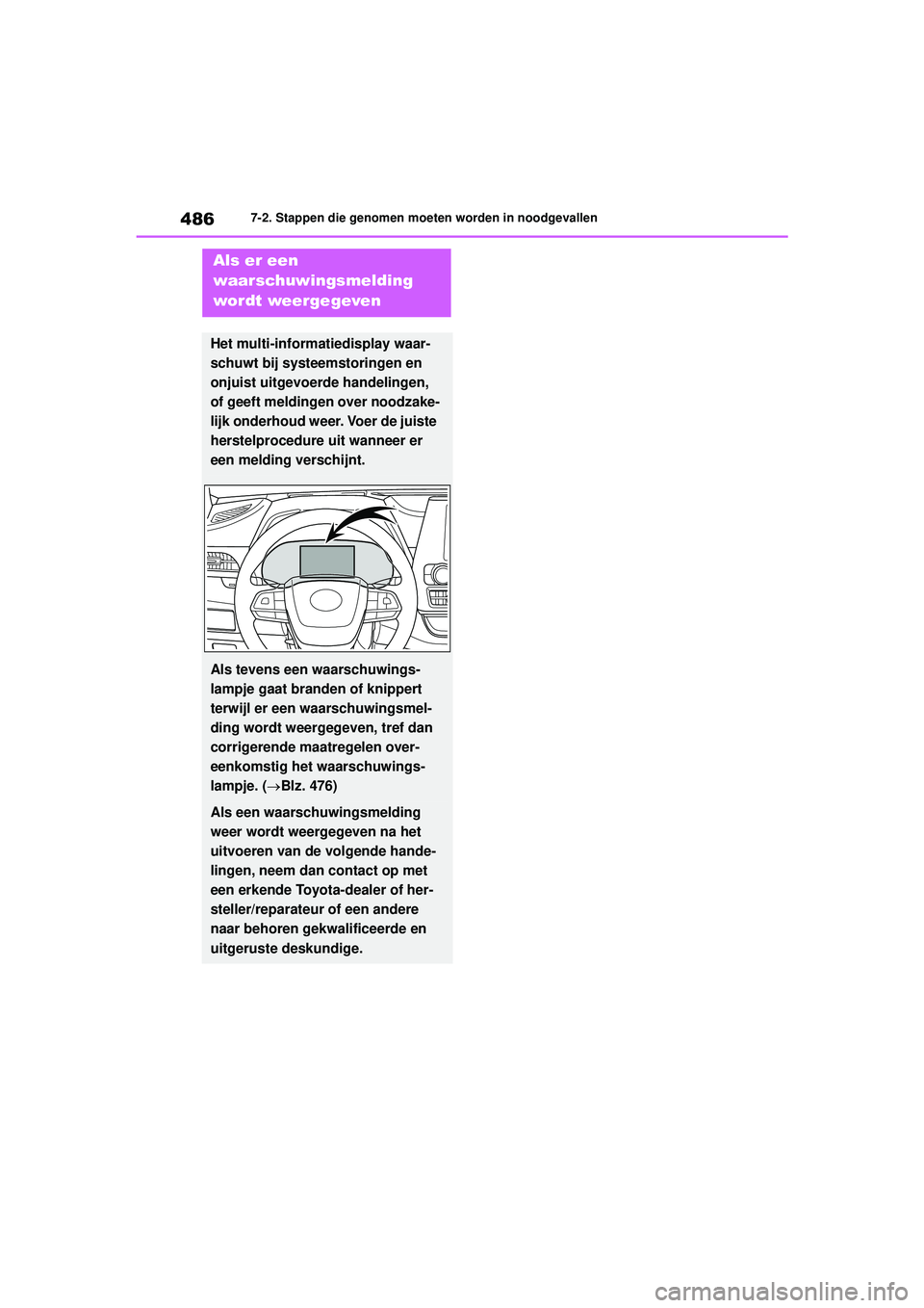 TOYOTA HIGHLANDER 2021 Instructieboekje (in Dutch) 4867-2. Stappen die genomen moeten worden in noodgevallen
Als er een
waarschuwingsmelding
wordt weergegeven
Het multi-informatiedisplay waar-
schuwt bij systeemstoringen en
onjuist uitgevoerde hand TOYOTA HIGHLANDER 2021 Instructieboekje (in Dutch) 4867-2. Stappen die genomen moeten worden in noodgevallen
Als er een
waarschuwingsmelding
wordt weergegeven
Het multi-informatiedisplay waar-
schuwt bij systeemstoringen en
onjuist uitgevoerde hand