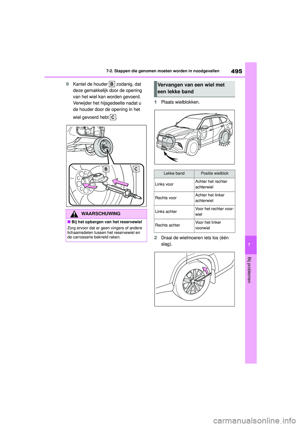 TOYOTA HIGHLANDER 2021 Instructieboekje (in Dutch) 495
7
7-2. Stappen die genomen moeten worden in noodgevallen
Bij problemen
9
Kantel de houder zodanig, dat
deze gemakkelijk door de opening
van het wiel kan worden gevoerd.
Verwijder het hijsgede TOYOTA HIGHLANDER 2021 Instructieboekje (in Dutch) 495
7
7-2. Stappen die genomen moeten worden in noodgevallen
Bij problemen
9
Kantel de houder zodanig, dat
deze gemakkelijk door de opening
van het wiel kan worden gevoerd.
Verwijder het hijsgede