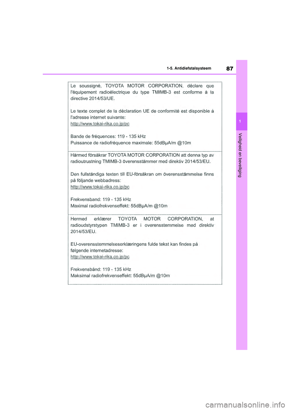 TOYOTA HIGHLANDER 2021 Instructieboekje (in Dutch) 87
1
1-5. Antidiefstalsysteem
Veiligheid en beveiliging
Highlander-Hybrid_OM_Europe_OM48M
30E_1_2110.book Page 87 Wednesday, August 4, 2021 2:39 PM TOYOTA HIGHLANDER 2021 Instructieboekje (in Dutch) 87
1
1-5. Antidiefstalsysteem
Veiligheid en beveiliging
Highlander-Hybrid_OM_Europe_OM48M
30E_1_2110.book Page 87 Wednesday, August 4, 2021 2:39 PM