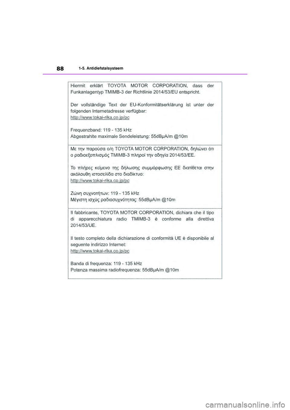 TOYOTA HIGHLANDER 2021 Instructieboekje (in Dutch) 881-5. Antidiefstalsysteem
Highlander-Hybrid_OM_Europe_OM48M30E_1_2110.book Page 88 Wednesday, August 4, 2021 2:39 PM TOYOTA HIGHLANDER 2021 Instructieboekje (in Dutch) 881-5. Antidiefstalsysteem
Highlander-Hybrid_OM_Europe_OM48M30E_1_2110.book Page 88 Wednesday, August 4, 2021 2:39 PM