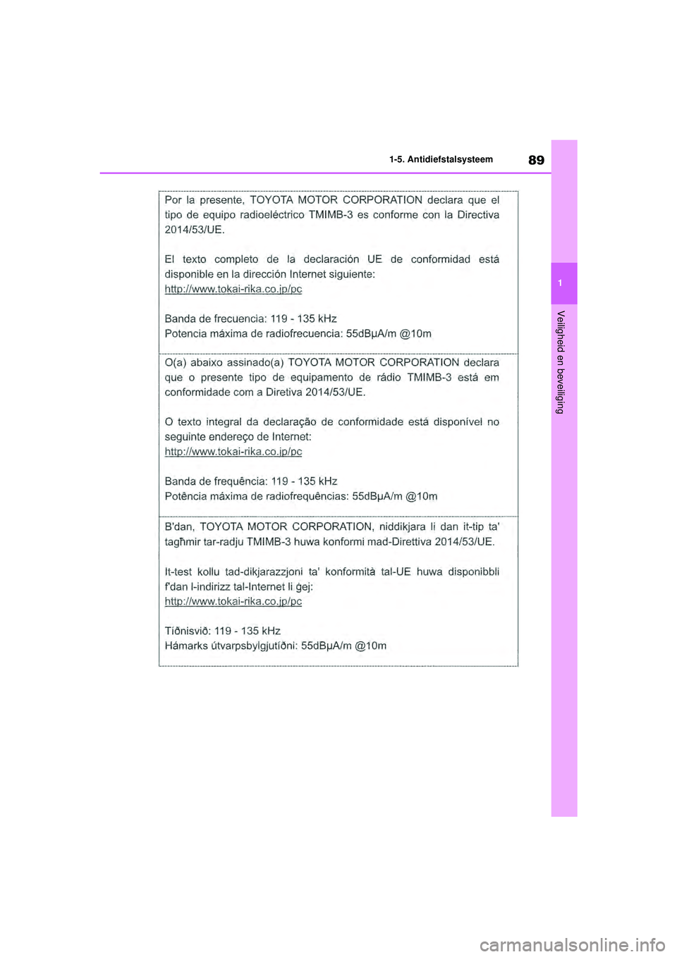 TOYOTA HIGHLANDER 2021  Instructieboekje (in Dutch) 89
1
1-5. Antidiefstalsysteem
Veiligheid en beveiliging
Highlander-Hybrid_OM_Europe_OM48M
30E_1_2110.book  Page 89  Wednesday, August 4, 2021  2:39 PM 