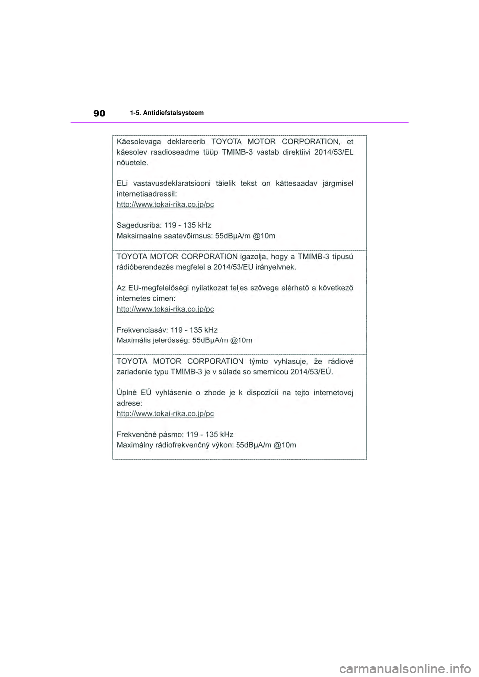TOYOTA HIGHLANDER 2021  Instructieboekje (in Dutch) 901-5. Antidiefstalsysteem
Highlander-Hybrid_OM_Europe_OM48M30E_1_2110.book  Page 90  Wednesday, August 4, 2021  2:39 PM 
