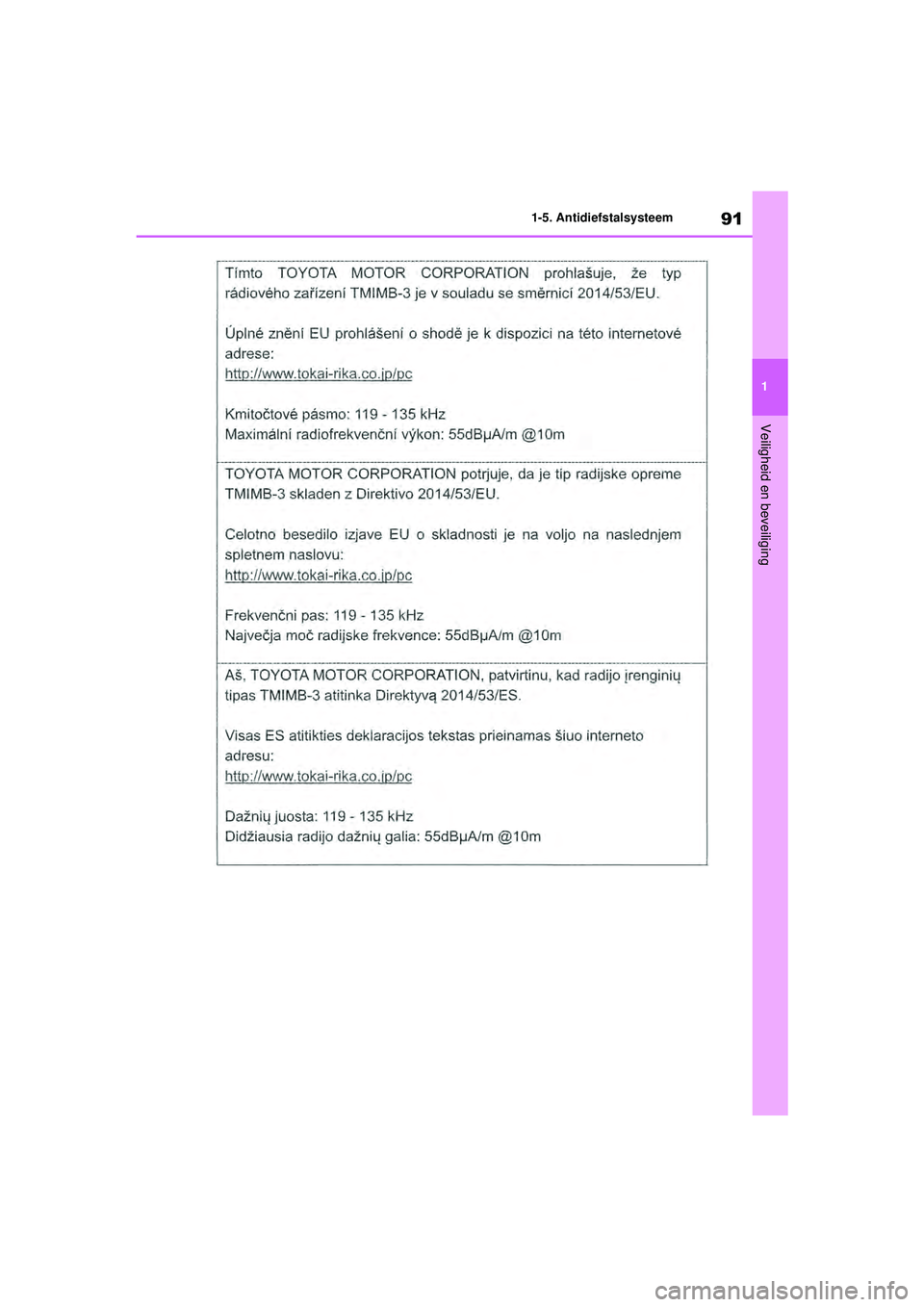 TOYOTA HIGHLANDER 2021  Instructieboekje (in Dutch) 91
1
1-5. Antidiefstalsysteem
Veiligheid en beveiliging
Highlander-Hybrid_OM_Europe_OM48M
30E_1_2110.book  Page 91  Wednesday, August 4, 2021  2:39 PM 