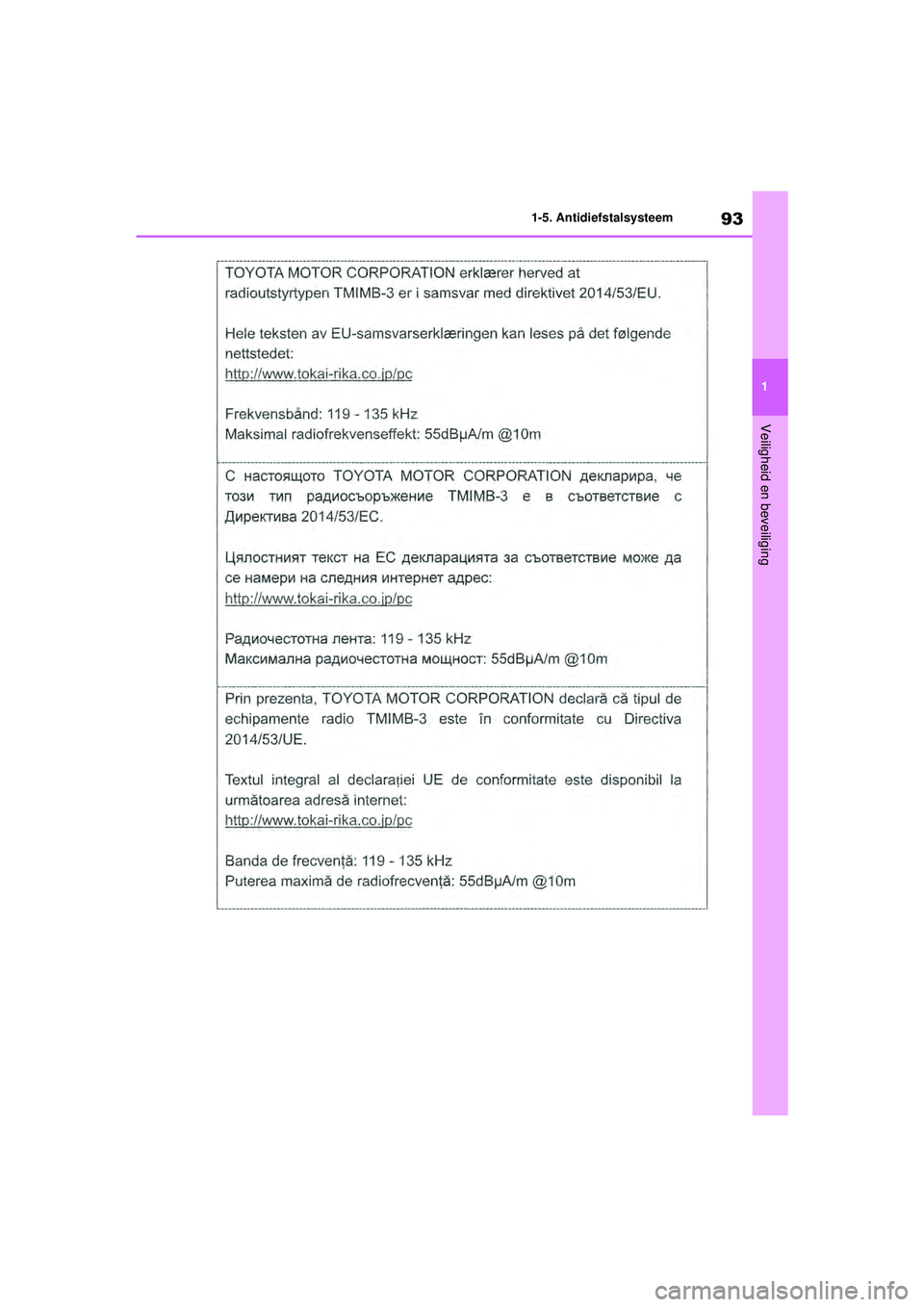 TOYOTA HIGHLANDER 2021  Instructieboekje (in Dutch) 93
1
1-5. Antidiefstalsysteem
Veiligheid en beveiliging
Highlander-Hybrid_OM_Europe_OM48M
30E_1_2110.book  Page 93  Wednesday, August 4, 2021  2:39 PM 