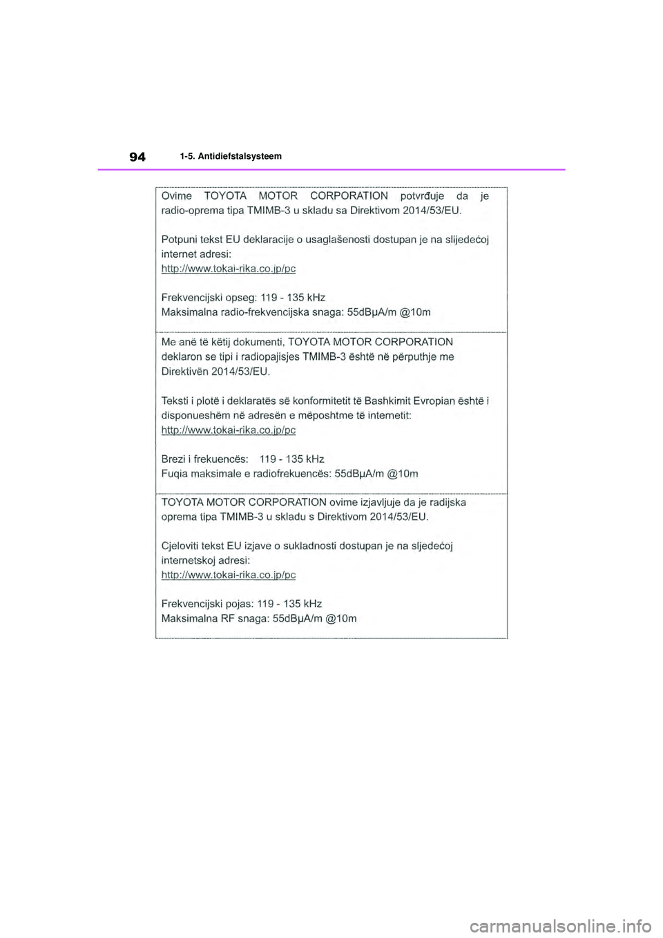 TOYOTA HIGHLANDER 2021  Instructieboekje (in Dutch) 941-5. Antidiefstalsysteem
Highlander-Hybrid_OM_Europe_OM48M30E_1_2110.book  Page 94  Wednesday, August 4, 2021  2:39 PM 