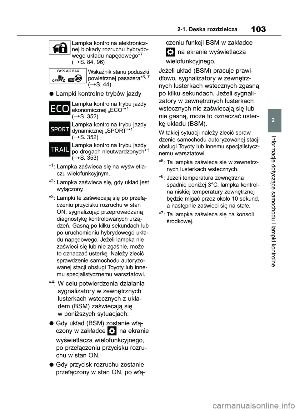 TOYOTA HIGHLANDER 2021  Instrukcja obsługi (in Polish) Lampka kontrolna elektronicz-
nej blokady rozruchu hybrydo-
wego uk∏adu nap´dowego*
7
(S. 84, 96)
Wskaênik stanu poduszki
powietrznej pasa˝era*
3, 7
(S. 44)
Lampki kontrolne trybów jazdy
Lampk