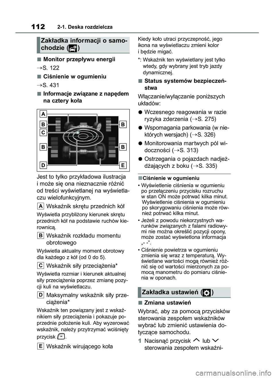 TOYOTA HIGHLANDER 2021  Instrukcja obsługi (in Polish) Monitor przep∏ywu energii
S. 122
CiÊnienie w ogumieniu
S. 431
Informacje zwiàzane z nap´dem
na cztery ko∏a
Jest to tylko przyk∏adowa ilustracja
i mo˝e si´ ona nieznacznie ró˝niç
od tre