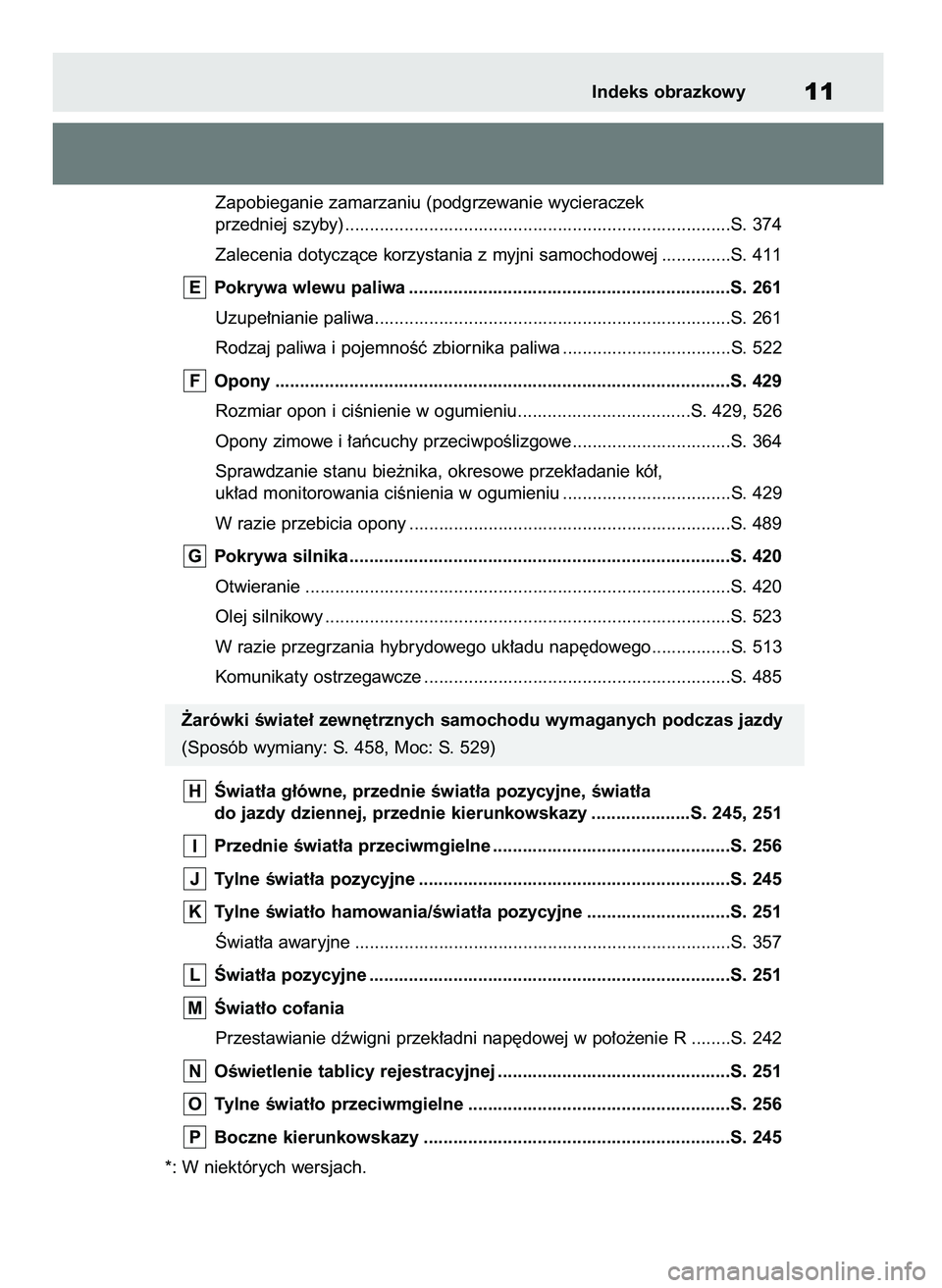 TOYOTA HIGHLANDER 2022  Instrukcja obsługi (in Polish) Zapobieganie zamarzaniu (podgrzewanie wycieraczek
przedniej szyby) ..............................................................................S. 374
Zalecenia dotyczàce korzystania z myjni samocho