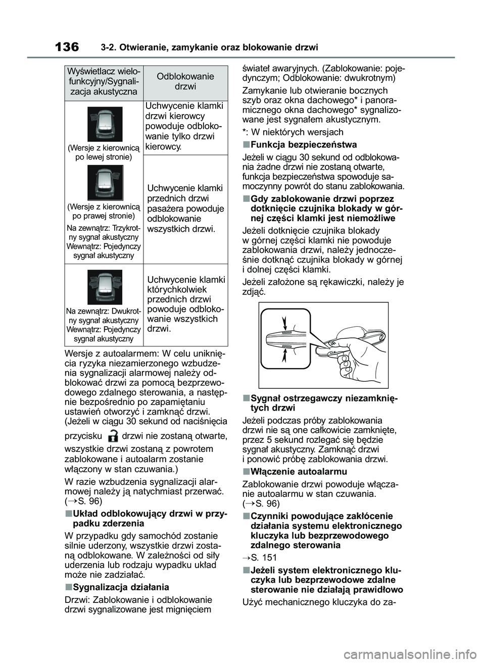 TOYOTA HIGHLANDER 2021  Instrukcja obsługi (in Polish) Wersje z autoalarmem: W celu unikni´-
cia ryzyka niezamierzonego wzbudze-
nia sygnalizacji alarmowej nale˝y od-
blokowaç drzwi za pomocà bezprzewo-
dowego zdalnego sterowania, a nast´p-
nie bezpo
