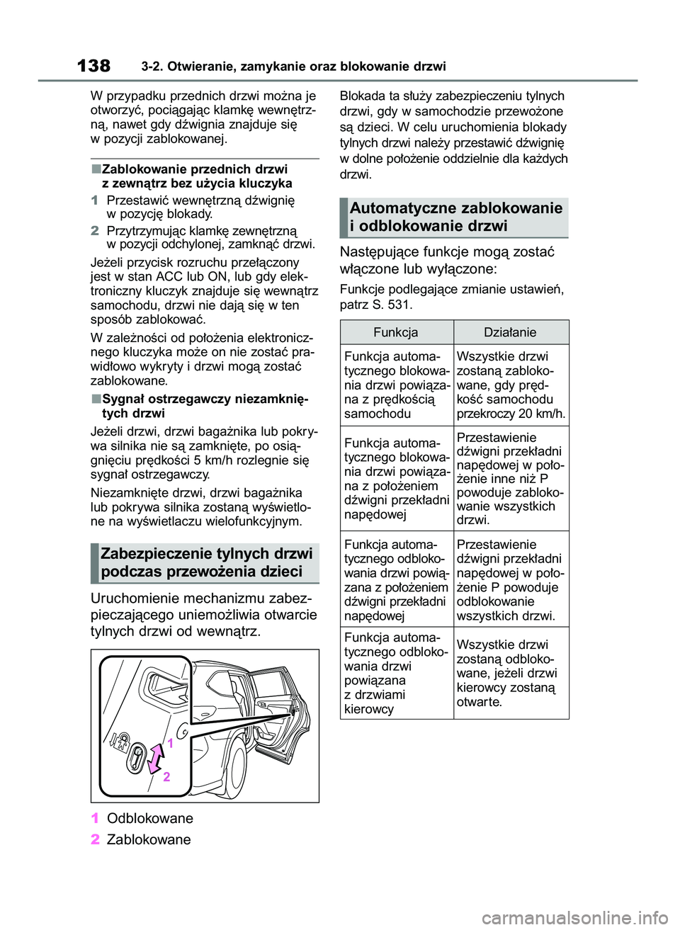 TOYOTA HIGHLANDER 2021  Instrukcja obsługi (in Polish) W przypadku przednich drzwi mo˝na je
otworzyç, pociàgajàc klamk´ wewn´trz-
nà, nawet gdy dêwignia znajduje si´
w pozycji zablokowanej.
Zablokowanie przednich drzwi
z zewnàtrz bez u˝ycia klu