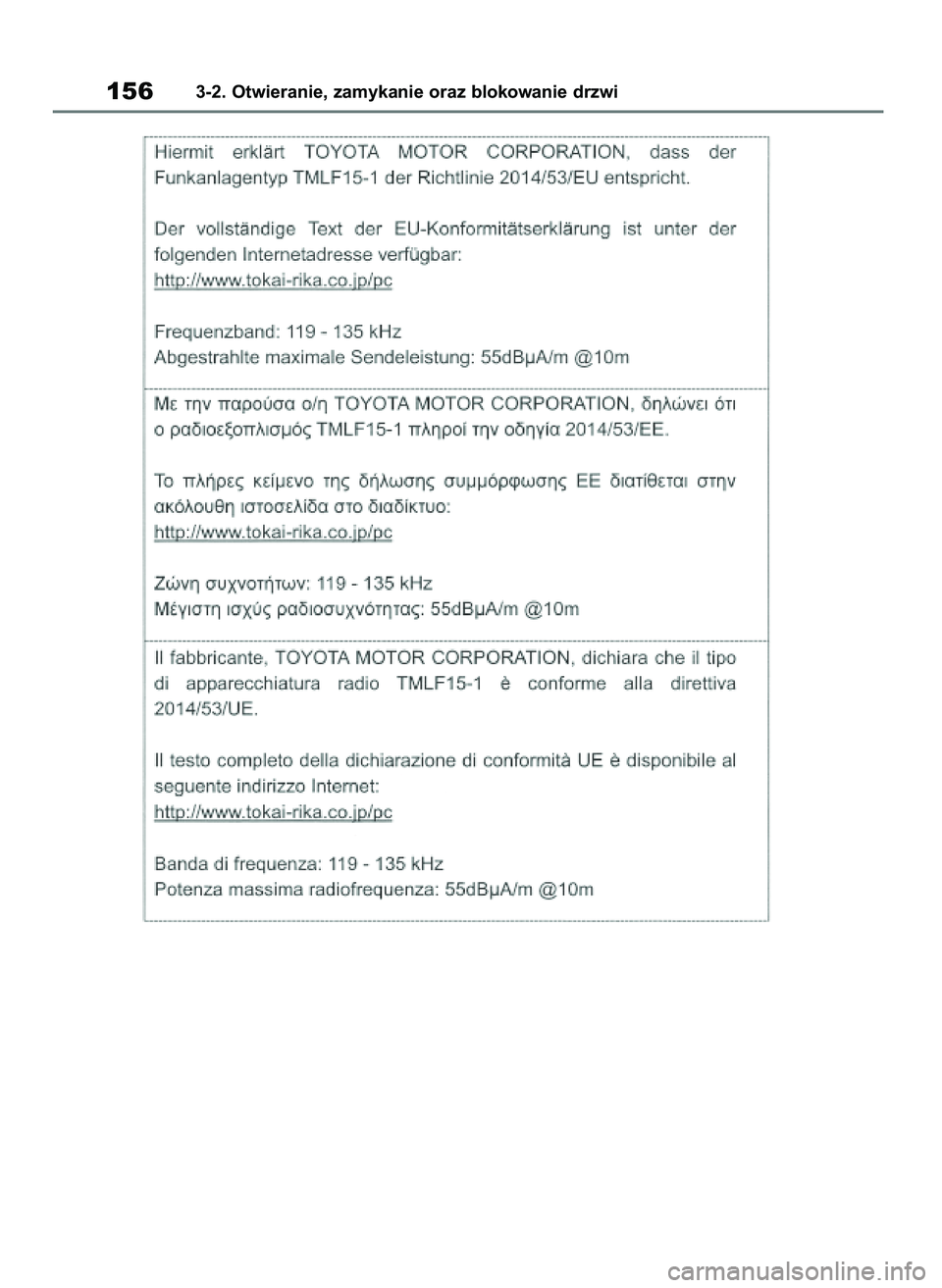TOYOTA HIGHLANDER 2021  Instrukcja obsługi (in Polish) 1563-2. Otwieranie, zamykanie oraz blokowanie drzwi
56 Highlander HV OM48M30E  29/11/21  14:32  Page 156 