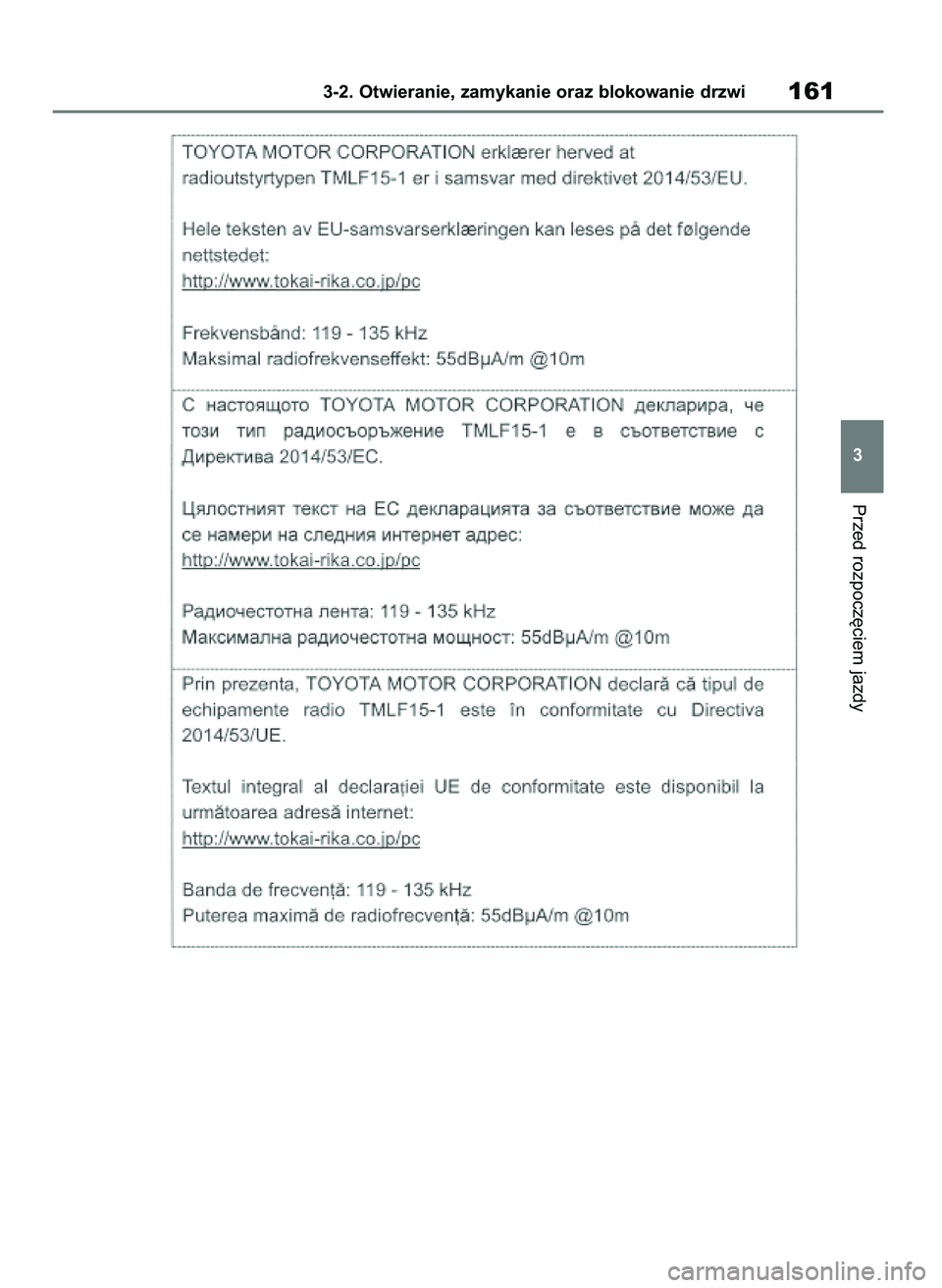 TOYOTA HIGHLANDER 2021  Instrukcja obsługi (in Polish) Przed rozpocz´ciem jazdy
3-2. Otwieranie, zamykanie oraz blokowanie drzwi161
3
56 Highlander HV OM48M30E  29/11/21  14:32  Page 161 