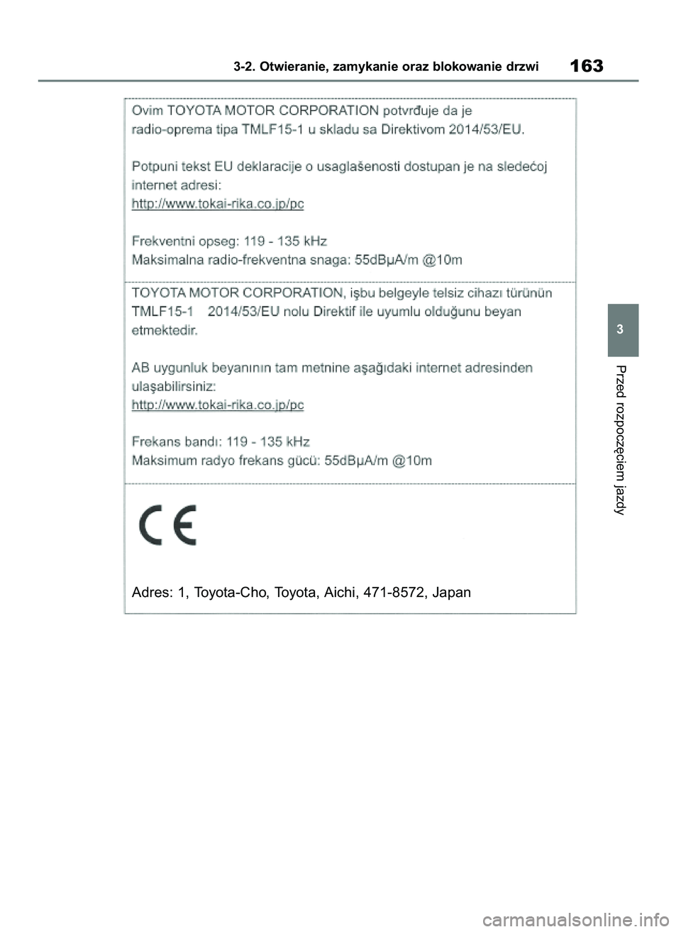 TOYOTA HIGHLANDER 2021  Instrukcja obsługi (in Polish) Przed rozpocz´ciem jazdy
3-2. Otwieranie, zamykanie oraz blokowanie drzwi163
3
Adres: 1, Toyota-Cho, Toyota, Aichi, 471-8572, Japan
56 Highlander HV OM48M30E  29/11/21  14:32  Page 163 