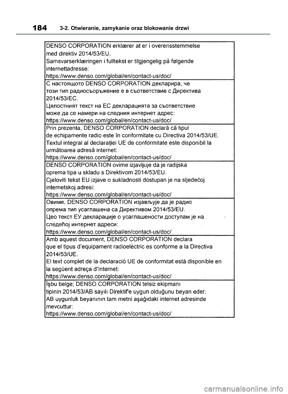 TOYOTA HIGHLANDER 2021  Instrukcja obsługi (in Polish) 1843-2. Otwieranie, zamykanie oraz blokowanie drzwi
56 Highlander HV OM48M30E  29/11/21  14:32  Page 184 