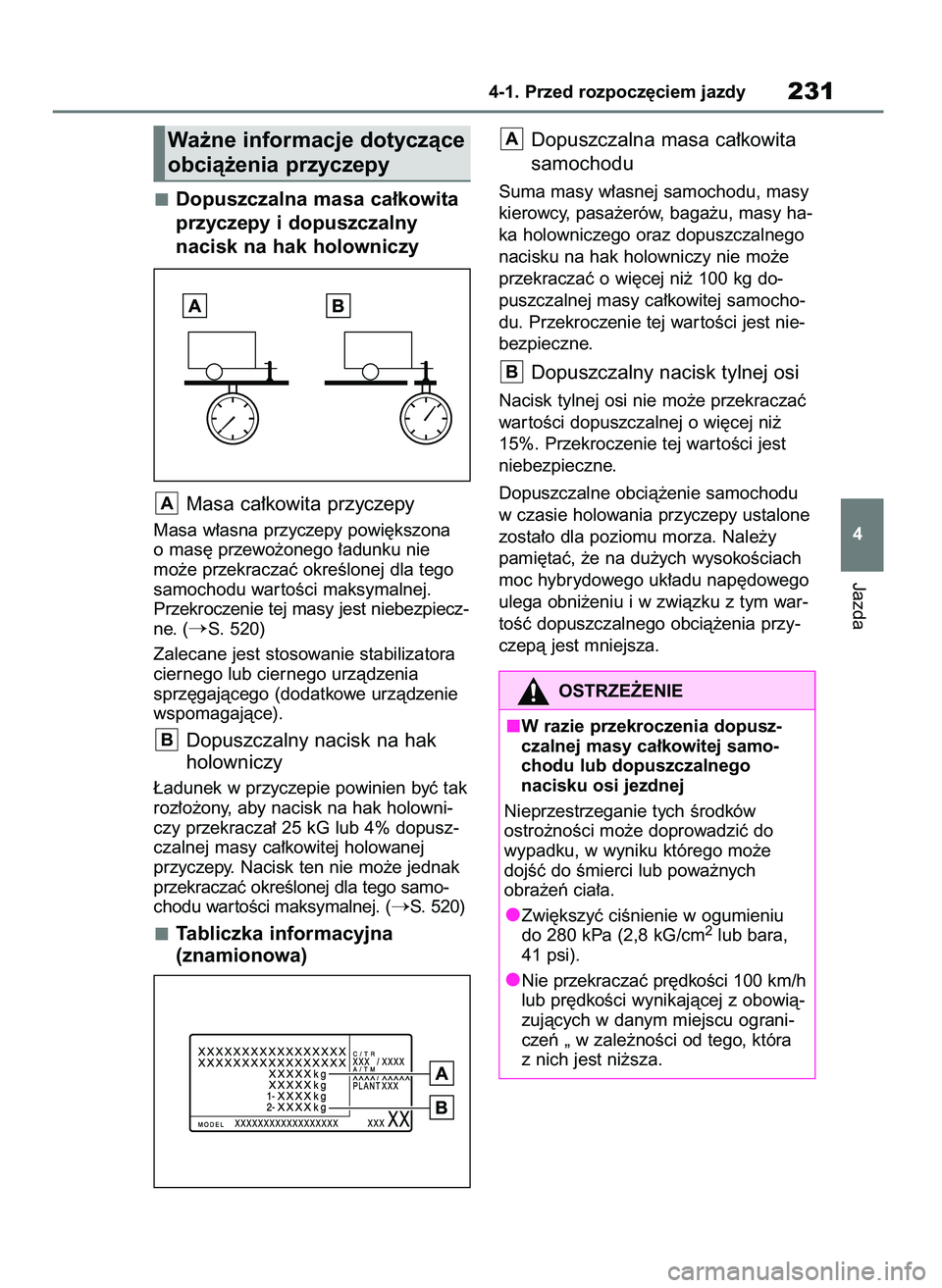 TOYOTA HIGHLANDER 2021  Instrukcja obsługi (in Polish) Dopuszczalna masa ca∏kowita
przyczepy i dopuszczalny 
nacisk na hak holowniczy
Masa ca∏kowita przyczepy
Masa w∏asna przyczepy powi´kszona
o mas´ przewo˝onego ∏adunku nie
mo˝e przekraczaç 