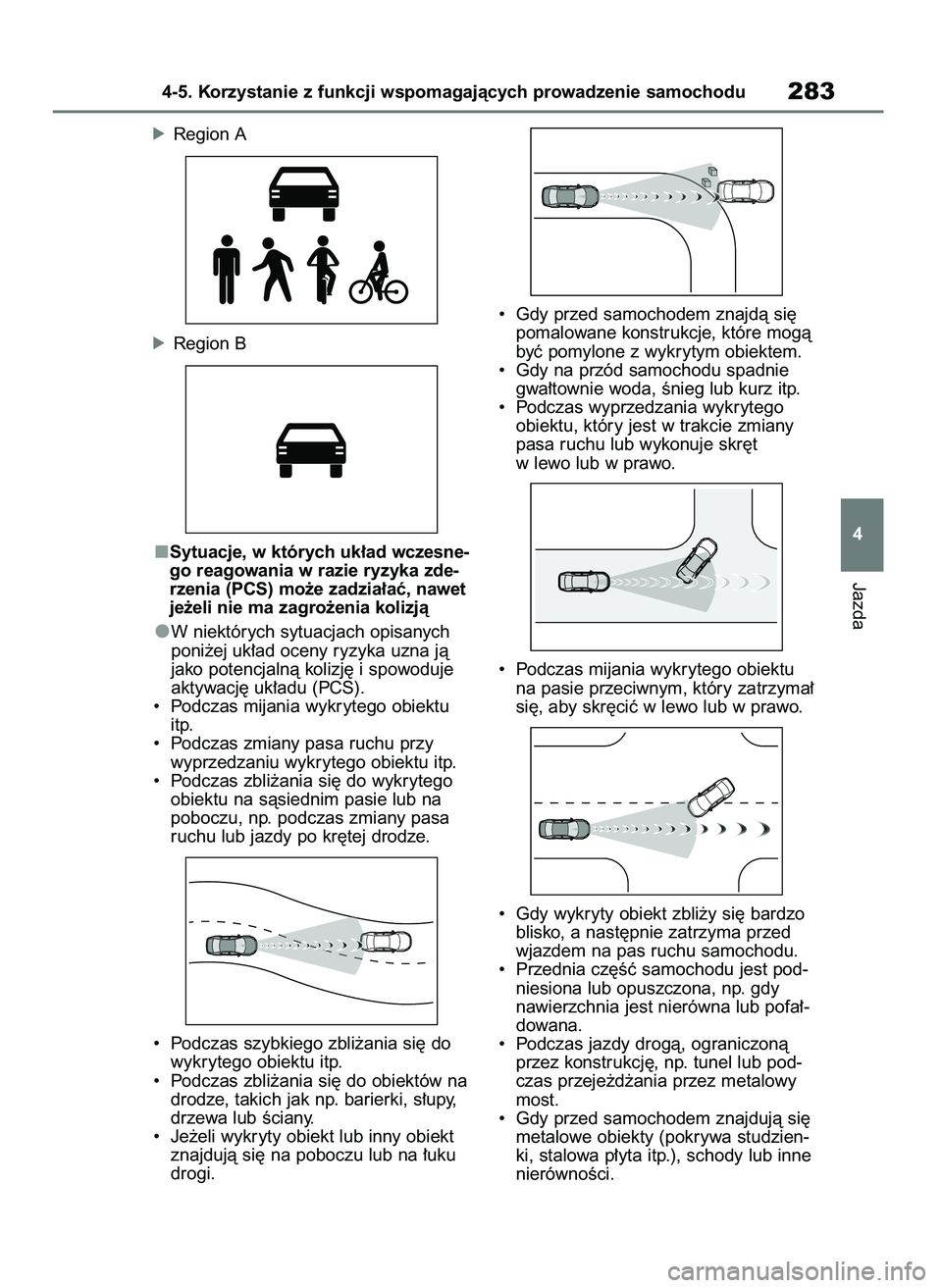 TOYOTA HIGHLANDER 2021  Instrukcja obsługi (in Polish) óRegion A
óRegion B
Sytuacje, w których uk∏ad wczesne-
go reagowania w razie ryzyka zde-
rzenia (PCS) mo˝e zadzia∏aç, nawet
je˝eli nie ma zagro˝enia kolizjà
W niektórych sytuacjach opisan