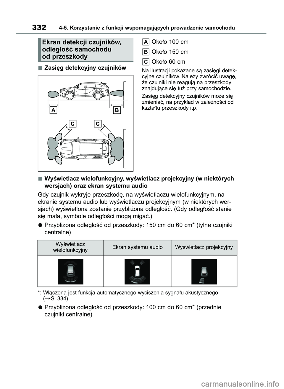 TOYOTA HIGHLANDER 2021  Instrukcja obsługi (in Polish) Zasi´g detekcyjny czujnikówOko∏o 100 cm
Oko∏o 150 cm
Oko∏o 60 cmNa ilustracji pokazane sà zasi´gi detek-
cyjne czujników. Nale˝y zwróciç uwag´,
˝e czujniki nie reagujà na przeszkody
z
