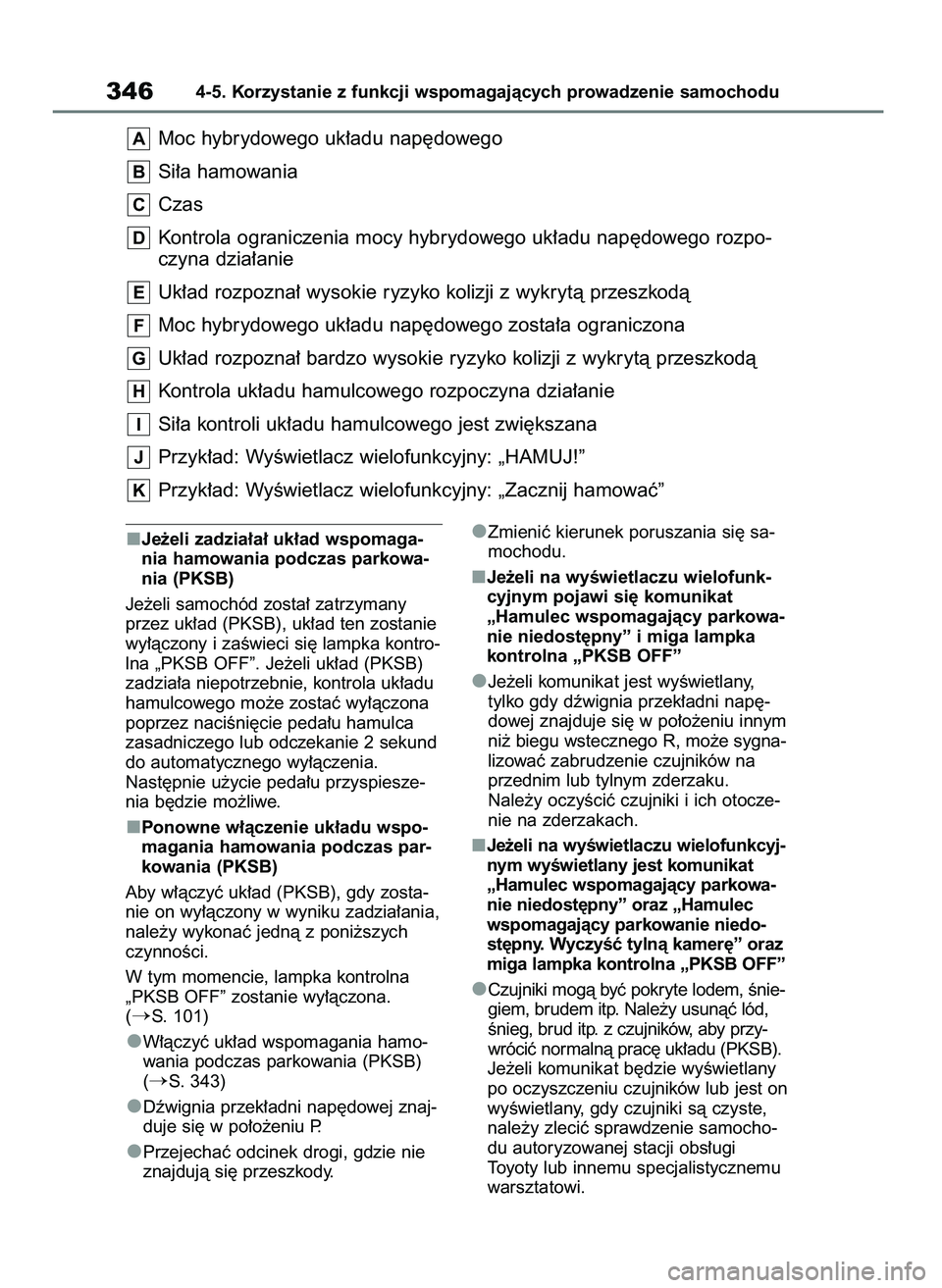 TOYOTA HIGHLANDER 2021  Instrukcja obsługi (in Polish) Je˝eli zadzia∏a∏ uk∏ad wspomaga-
nia hamowania podczas parkowa-
nia (PKSB)
Je˝eli samochód zosta∏ zatrzymany
przez uk∏ad (PKSB), uk∏ad ten zostanie
wy∏àczony i zaÊwieci si´ lampka 