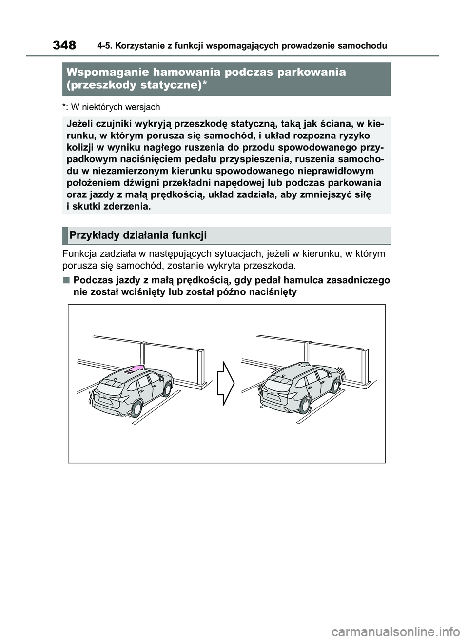 TOYOTA HIGHLANDER 2021  Instrukcja obsługi (in Polish) *: W niektórych wersjach
Funkcja zadzia∏a w nast´pujàcych sytuacjach, je˝eli w kierunku, w którym
porusza si´ samochód, zostanie wykryta przeszkoda.
Podczas jazdy z ma∏à pr´dkoÊcià, gdy