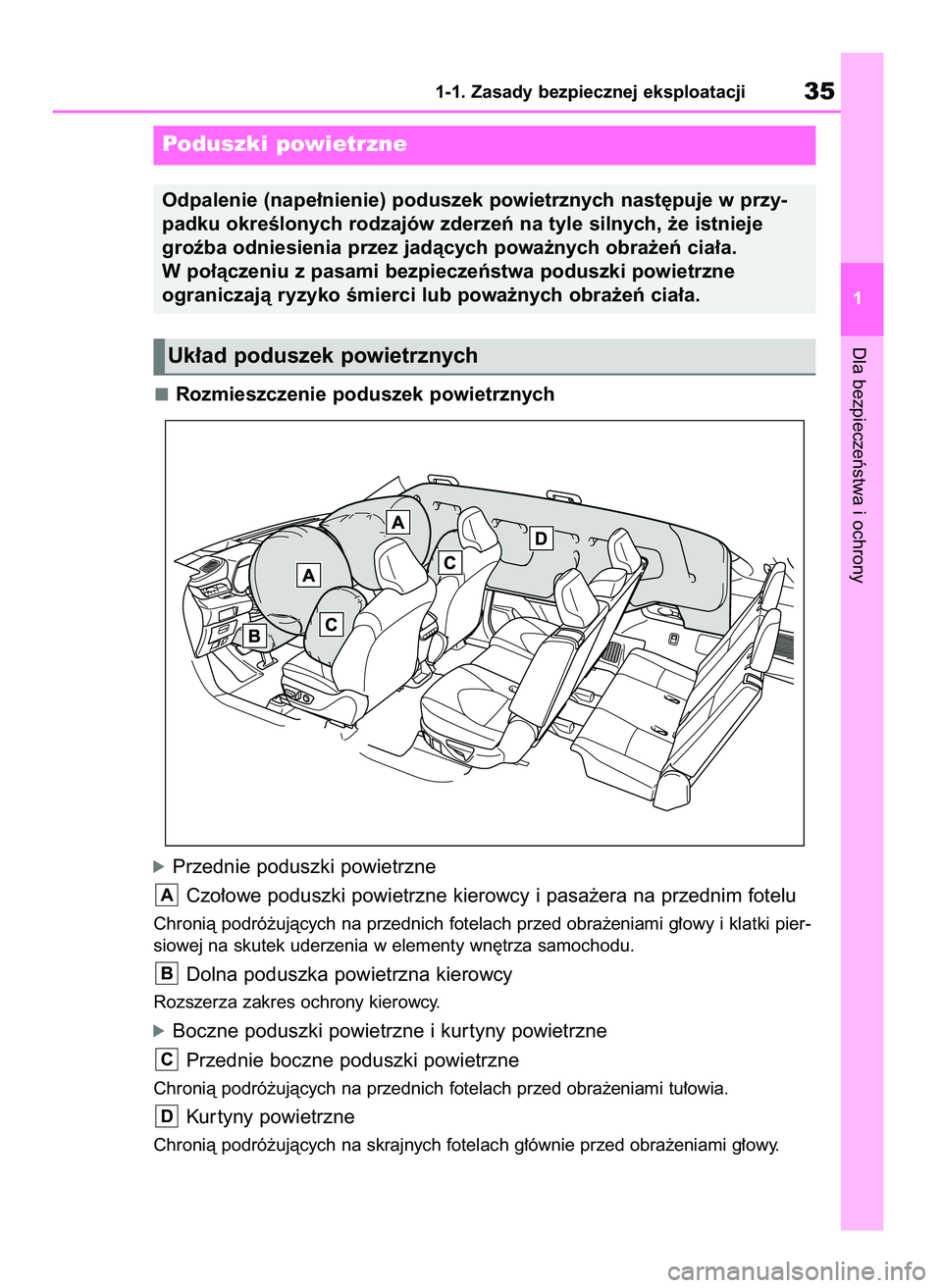 TOYOTA HIGHLANDER 2021  Instrukcja obsługi (in Polish) Rozmieszczenie poduszek powietrznych
óPrzednie poduszki powietrzne
Czo∏owe poduszki powietrzne kierowcy i pasa˝era na przednim fotelu
Chronià podró˝ujàcych na przednich fotelach przed obra˝en