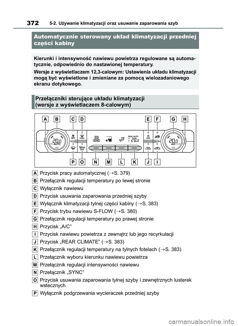TOYOTA HIGHLANDER 2021  Instrukcja obsługi (in Polish) Przycisk pracy automatycznej (S. 379)
Prze∏àcznik regulacji temperatury po lewej stronie
Wy∏àcznik nawiewu
Przycisk usuwania zaparowania przedniej szyby
Wy∏àcznik klimatyzacji tylnej cz´Êc