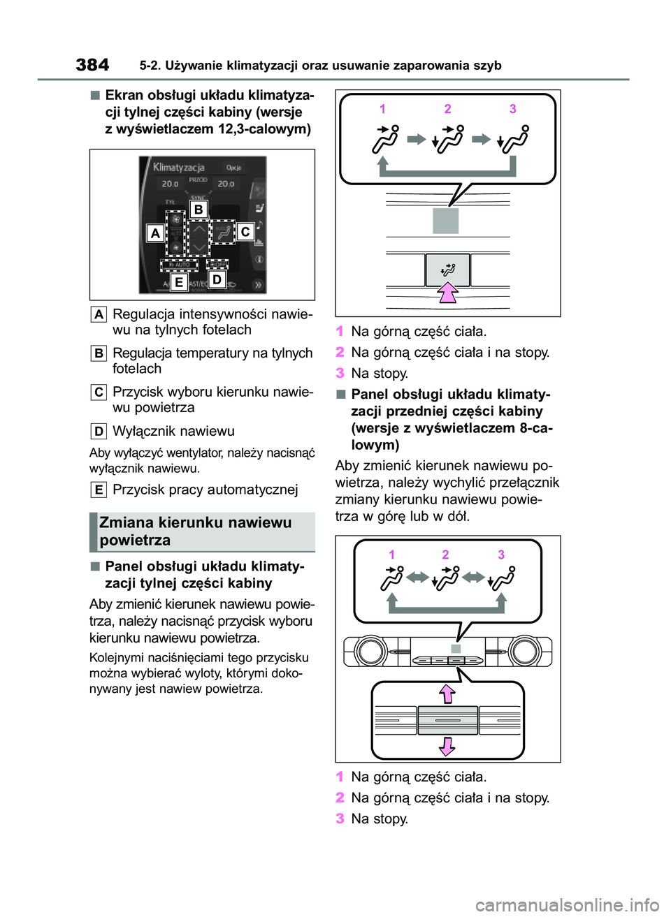TOYOTA HIGHLANDER 2021  Instrukcja obsługi (in Polish) Ekran obs∏ugi uk∏adu klimatyza-
cji tylnej cz´Êci kabiny (wersje
z wyÊwietlaczem 12,3-calowym)
Regulacja intensywnoÊci nawie-
wu na tylnych fotelach
Regulacja temperatury na tylnych
fotelach
P