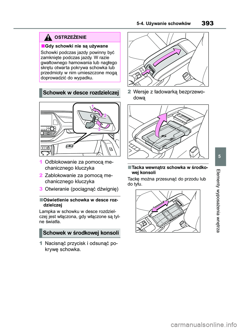 TOYOTA HIGHLANDER 2021  Instrukcja obsługi (in Polish) 1Odblokowanie za pomocà me-
chanicznego kluczyka
2Zablokowanie za pomocà me-
chanicznego kluczyka
3Otwieranie (pociàgnàç dêwigni´)
OÊwietlenie schowka w desce roz-
dzielczej
Lampka w schowku w