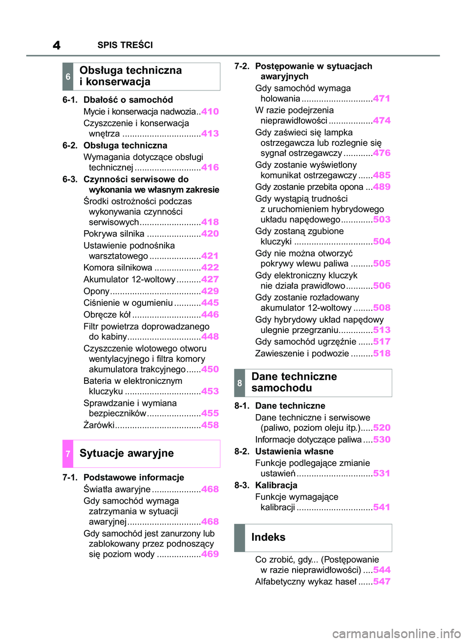 TOYOTA HIGHLANDER 2022 Instrukcja obsługi (in Polish) 6-1. Dba∏oÊç o samochód
Mycie i konserwacja nadwozia ..410
Czyszczenie i konserwacja
wn´trza ................................413
6-2. Obs∏uga techniczna
Wymagania dotyczàce obs∏ugi
technicz TOYOTA HIGHLANDER 2022 Instrukcja obsługi (in Polish) 6-1. Dba∏oÊç o samochód
Mycie i konserwacja nadwozia ..410
Czyszczenie i konserwacja
wn´trza ................................413
6-2. Obs∏uga techniczna
Wymagania dotyczàce obs∏ugi
technicz