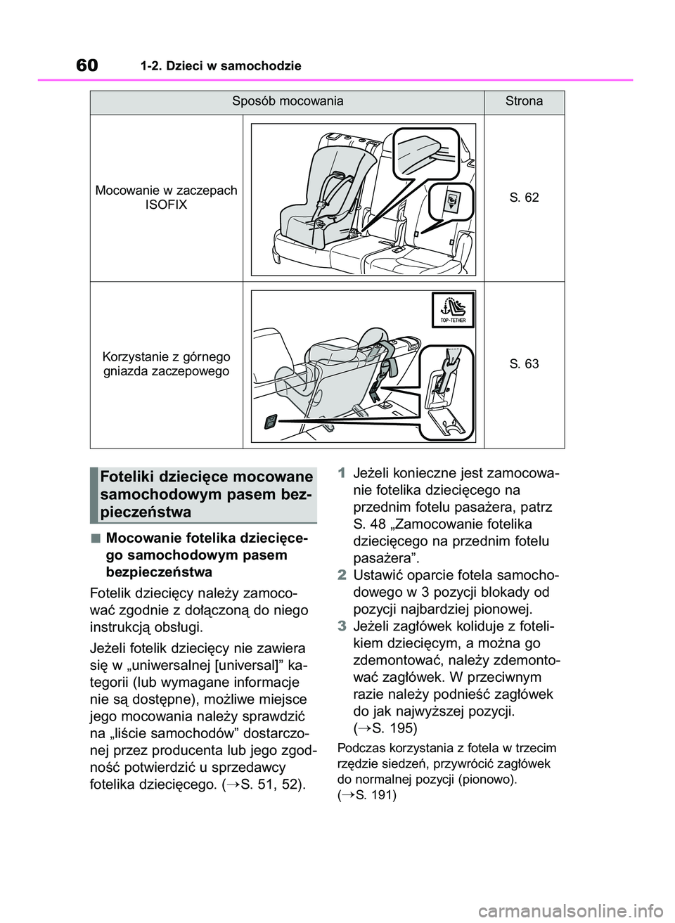 TOYOTA HIGHLANDER 2021  Instrukcja obsługi (in Polish) Mocowanie fotelika dzieci´ce-
go samochodowym pasem
bezpieczeƒstwa
Fotelik dzieci´cy nale˝y zamoco-
waç zgodnie z do∏àczonà do niego
instrukcjà obs∏ugi.
Je˝eli fotelik dzieci´cy nie zawi