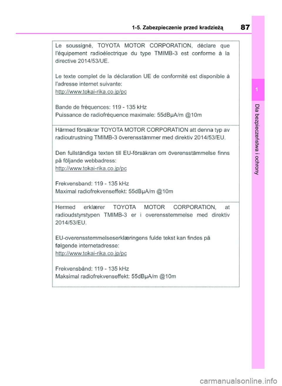 TOYOTA HIGHLANDER 2022 Instrukcja obsługi (in Polish) Dla bezpieczeƒstwa i ochrony
1-5. Zabezpieczenie przed kradzie˝à87
1
56 Highlander HV OM48M30E 29/11/21 14:31 Page 87 TOYOTA HIGHLANDER 2022 Instrukcja obsługi (in Polish) Dla bezpieczeƒstwa i ochrony
1-5. Zabezpieczenie przed kradzie˝à87
1
56 Highlander HV OM48M30E 29/11/21 14:31 Page 87