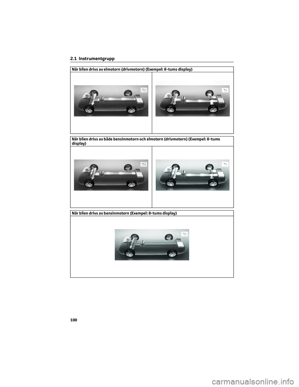 TOYOTA HIGHLANDER 2022  Bruksanvisningar (in Swedish) När bilen drivs av elmotorn (drivmotorn) (Exempel: 8-tums display)
När bilen drivs av både bensinmotorn och elmotorn (drivmotorn) (Exempel: 8-tums
display)
När bilen drivs av bensinmotorn (Exempel