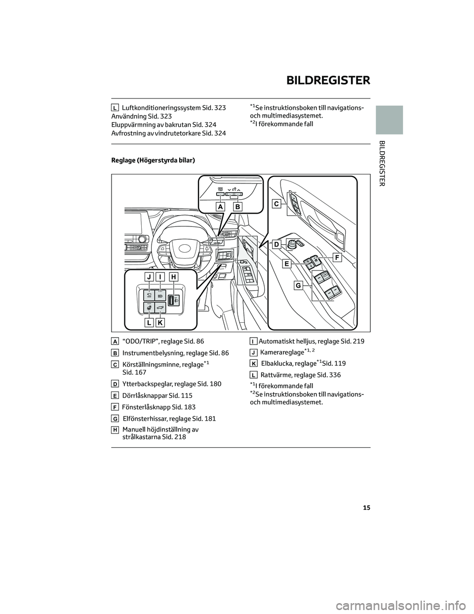 TOYOTA HIGHLANDER 2021 Bruksanvisningar (in Swedish) LLuftkonditioneringssystem Sid. 323
Användning Sid. 323
Eluppvärmning av bakrutan Sid. 324
Avfrostning av vindrutetorkare Sid. 324*1Se instruktionsboken till navigations-
och multimediasystemet.
*2I TOYOTA HIGHLANDER 2021 Bruksanvisningar (in Swedish) LLuftkonditioneringssystem Sid. 323
Användning Sid. 323
Eluppvärmning av bakrutan Sid. 324
Avfrostning av vindrutetorkare Sid. 324*1Se instruktionsboken till navigations-
och multimediasystemet.
*2I