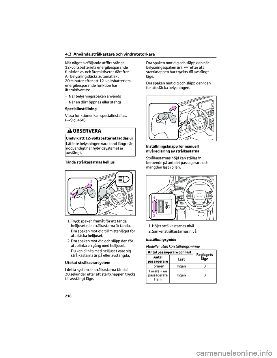 TOYOTA HIGHLANDER 2022 Bruksanvisningar (in Swedish) När något av följande utförs stängs
12-voltsbatteriets energibesparande
funktion av och återaktiveras därefter.
All belysning släcks automatiskt
20 minuter efter att 12-voltsbatteriets
energib TOYOTA HIGHLANDER 2022 Bruksanvisningar (in Swedish) När något av följande utförs stängs
12-voltsbatteriets energibesparande
funktion av och återaktiveras därefter.
All belysning släcks automatiskt
20 minuter efter att 12-voltsbatteriets
energib