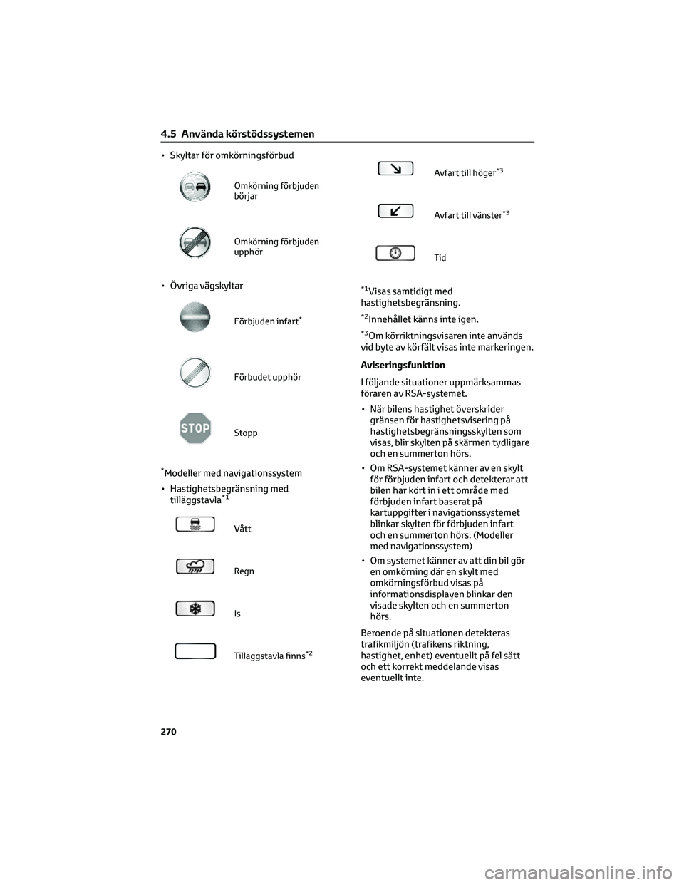 TOYOTA HIGHLANDER 2022 Bruksanvisningar (in Swedish) • Skyltar för omkörningsförbud
Omkörning förbjuden
börjar
Omkörning förbjuden
upphör
• Övriga vägskyltar
Förbjuden infart*
Förbudet upphör
Stopp
*Modeller med navigationssystem
• H TOYOTA HIGHLANDER 2022 Bruksanvisningar (in Swedish) • Skyltar för omkörningsförbud
Omkörning förbjuden
börjar
Omkörning förbjuden
upphör
• Övriga vägskyltar
Förbjuden infart*
Förbudet upphör
Stopp
*Modeller med navigationssystem
• H
