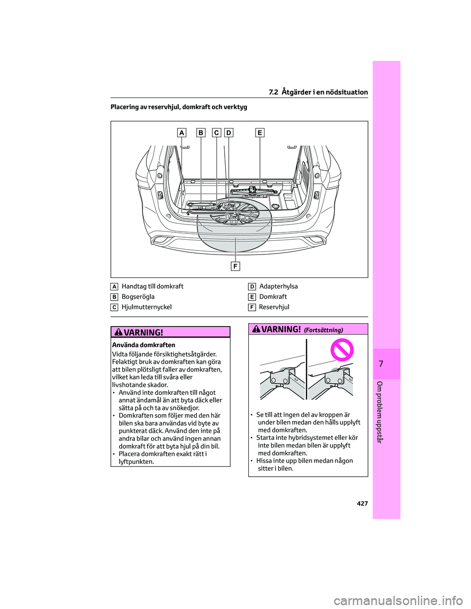 TOYOTA HIGHLANDER 2022 Bruksanvisningar (in Swedish) Placering av reservhjul, domkraft och verktyg
AHandtag till domkraft
BBogserögla
CHjulmutternyckel
DAdapterhylsa
EDomkraft
FReservhjul
VARNING!
Använda domkraften
Vidta följande försiktighetsåtg TOYOTA HIGHLANDER 2022 Bruksanvisningar (in Swedish) Placering av reservhjul, domkraft och verktyg
AHandtag till domkraft
BBogserögla
CHjulmutternyckel
DAdapterhylsa
EDomkraft
FReservhjul
VARNING!
Använda domkraften
Vidta följande försiktighetsåtg