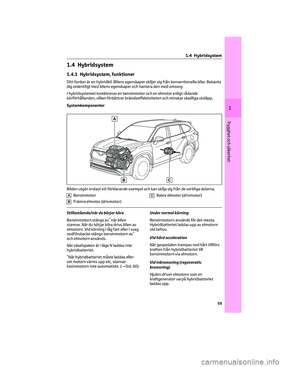 TOYOTA HIGHLANDER 2022 Bruksanvisningar (in Swedish) 1.4 Hybridsystem
1.4.1 Hybridsystem, funktioner
Ditt fordon är en hybridbil. Bilens egenskaper skiljer sig från konventionella bilar. Bekanta
dig ordentligt med bilens egenskaper och hantera den med TOYOTA HIGHLANDER 2022 Bruksanvisningar (in Swedish) 1.4 Hybridsystem
1.4.1 Hybridsystem, funktioner
Ditt fordon är en hybridbil. Bilens egenskaper skiljer sig från konventionella bilar. Bekanta
dig ordentligt med bilens egenskaper och hantera den med
