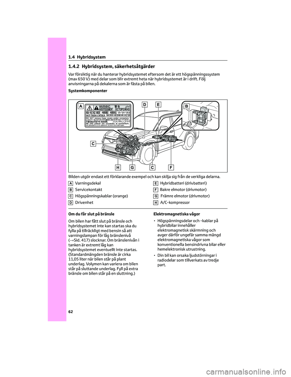 TOYOTA HIGHLANDER 2022 Bruksanvisningar (in Swedish) 1.4.2 Hybridsystem, säkerhetsåtgärder
Var försiktig när du hanterar hybridsystemet eftersom det är ett högspänningssystem
(max 650 V) med delar som blir extremt heta när hybridsystemet är i TOYOTA HIGHLANDER 2022 Bruksanvisningar (in Swedish) 1.4.2 Hybridsystem, säkerhetsåtgärder
Var försiktig när du hanterar hybridsystemet eftersom det är ett högspänningssystem
(max 650 V) med delar som blir extremt heta när hybridsystemet är i