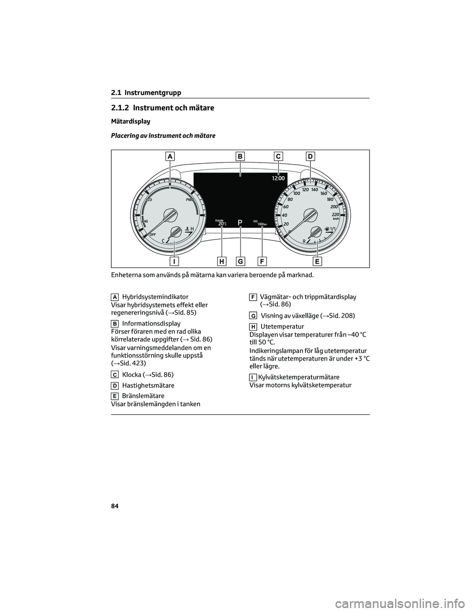 TOYOTA HIGHLANDER 2021 Bruksanvisningar (in Swedish) 2.1.2 Instrument och mätare
Mätardisplay
Placering av instrument och mätare
AHybridsystemindikator
Visar hybridsystemets effekt eller
regenereringsnivå (→Sid. 85)
BInformationsdisplay
Förser f TOYOTA HIGHLANDER 2021 Bruksanvisningar (in Swedish) 2.1.2 Instrument och mätare
Mätardisplay
Placering av instrument och mätare
AHybridsystemindikator
Visar hybridsystemets effekt eller
regenereringsnivå (→Sid. 85)
BInformationsdisplay
Förser f