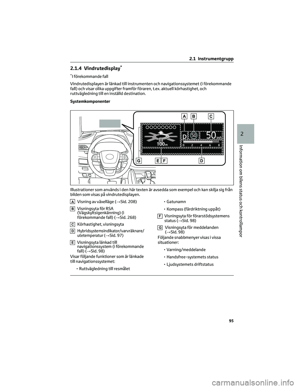 TOYOTA HIGHLANDER 2022 Bruksanvisningar (in Swedish) 2.1.4 Vindrutedisplay*
*I förekommande fall
Vindrutedisplayen är länkad till instrumenten och navigationssystemet (i förekommande
fall) och visar olika uppgifter framför föraren, t.ex. aktuell k TOYOTA HIGHLANDER 2022 Bruksanvisningar (in Swedish) 2.1.4 Vindrutedisplay*
*I förekommande fall
Vindrutedisplayen är länkad till instrumenten och navigationssystemet (i förekommande
fall) och visar olika uppgifter framför föraren, t.ex. aktuell k