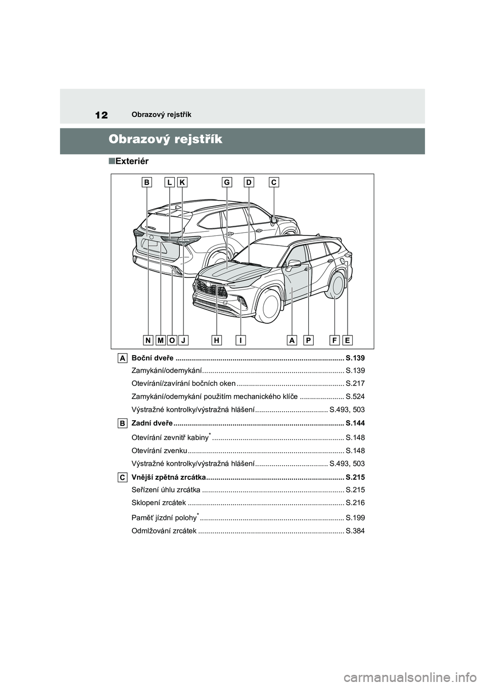 TOYOTA HIGHLANDER 2021 Návod na použití (in Czech) 12Obrazový rejstřík
Obrazový rejstřík
■Exteriér
Boční dveře ................................................................................... S.139
Zamykání/odemykání............... TOYOTA HIGHLANDER 2021 Návod na použití (in Czech) 12Obrazový rejstřík
Obrazový rejstřík
■Exteriér
Boční dveře ................................................................................... S.139
Zamykání/odemykání...............