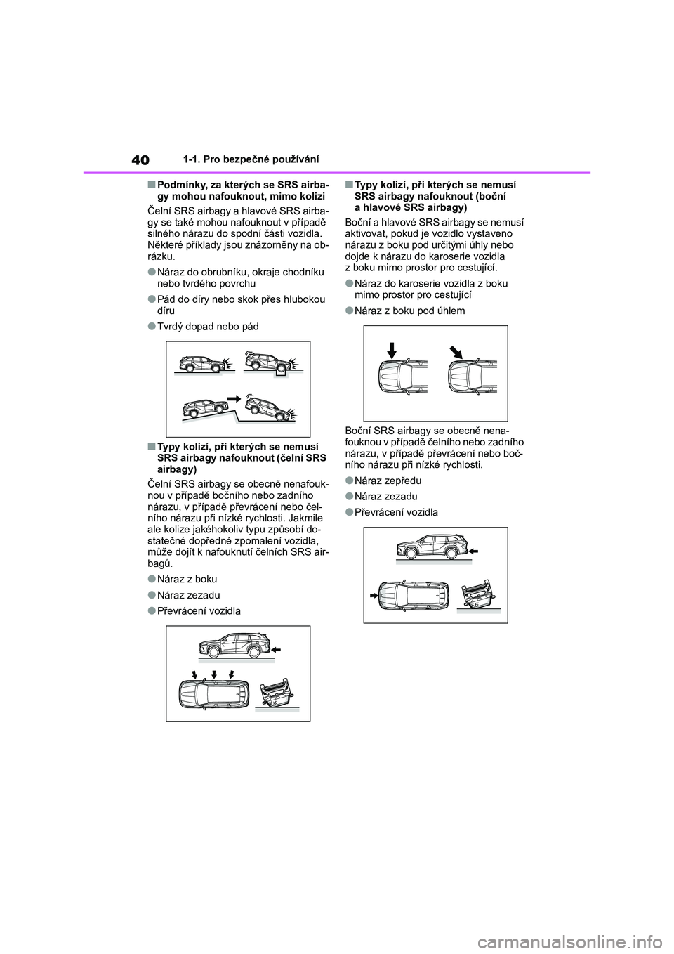 TOYOTA HIGHLANDER 2021  Návod na použití (in Czech) 401-1. Pro bezpečné používání
■Podmínky, za kterých se SRS airba- 
gy mohou nafouknout, mimo kolizi 
Čelní SRS airbagy a hlavové SRS airba- 
gy se také mohou na fouknout v případě  
s