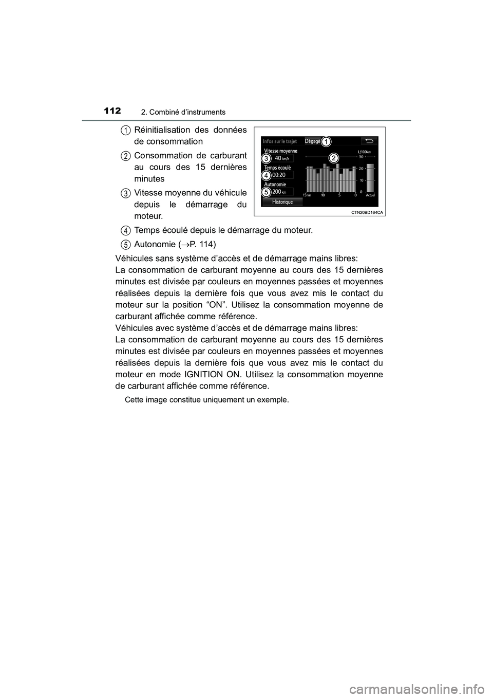 TOYOTA HIGHLANDER 2018  Manuel du propriétaire (in French) 1122. Combiné d’instruments
HIGHLANDER_D_ OM0E031D
Réinitialisation des données 
de consommation 
Consommation de carburant 
au cours des 15 dernières 
minutes 
Vitesse moyenne du véhicule 
dep